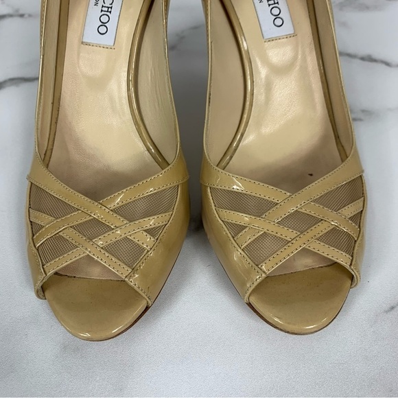 Jimmy Choo Maven Beige Tan Patent Mesh Crisscross Peep Toe Pumps 39.5 - Picture 3 of 13